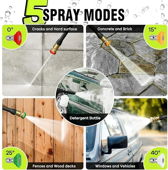 Hidrolavadora de alta potencia de 2300 PSI y 2,5 GPM con 4 boquillas y cañón de espuma para limpieza de automóviles, hogar y riego de jardines. El regalo perfecto.