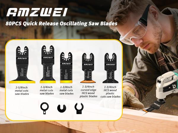 AMZWEI 100PCS Oscillating Tool Blades, Titanium & HCS Oscillating Saw Blades for Metal/Wood/Plastic Cutting, Curved Edge Multi Tool Blades Compatible with Dewalt Bosch Milwaukee Ryobi SummerWins