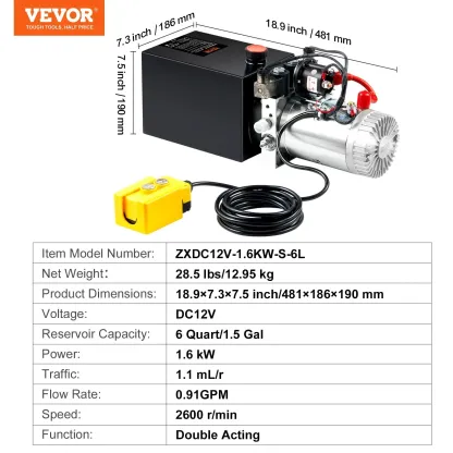 Bomba hidráulica VEVOR, unidad de potencia hidráulica de 6 cuartos de galón, bomba de doble efecto para remolque volquete, caudal de 0,91 GPM, presión máxima de alivio de 3200 PSI, bomba hidráulica de 12 V CC para remolque volquete y elevación de vehículo