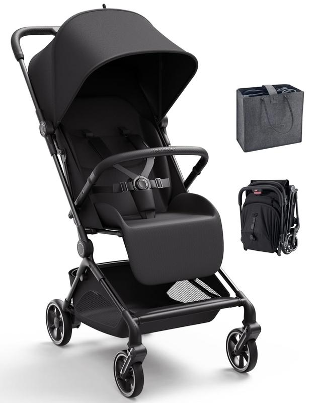 Cochecito de viaje ligero Momcozy TuckGo: plegado con un solo clic para niños de 6 meses a 3 años, almacenamiento inferior de 33 litros, diseño compacto ideal para viajes en avión, bolsa de viaje incluida, reclinado en 3 posiciones, capota con protección 