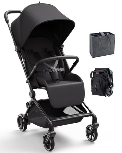 Cochecito de viaje ligero Momcozy TuckGo: plegado con un solo clic para niños de 6 meses a 3 años, almacenamiento inferior de 33 litros, diseño compacto ideal para viajes en avión, bolsa de viaje incluida, reclinado en 3 posiciones, capota con protección 