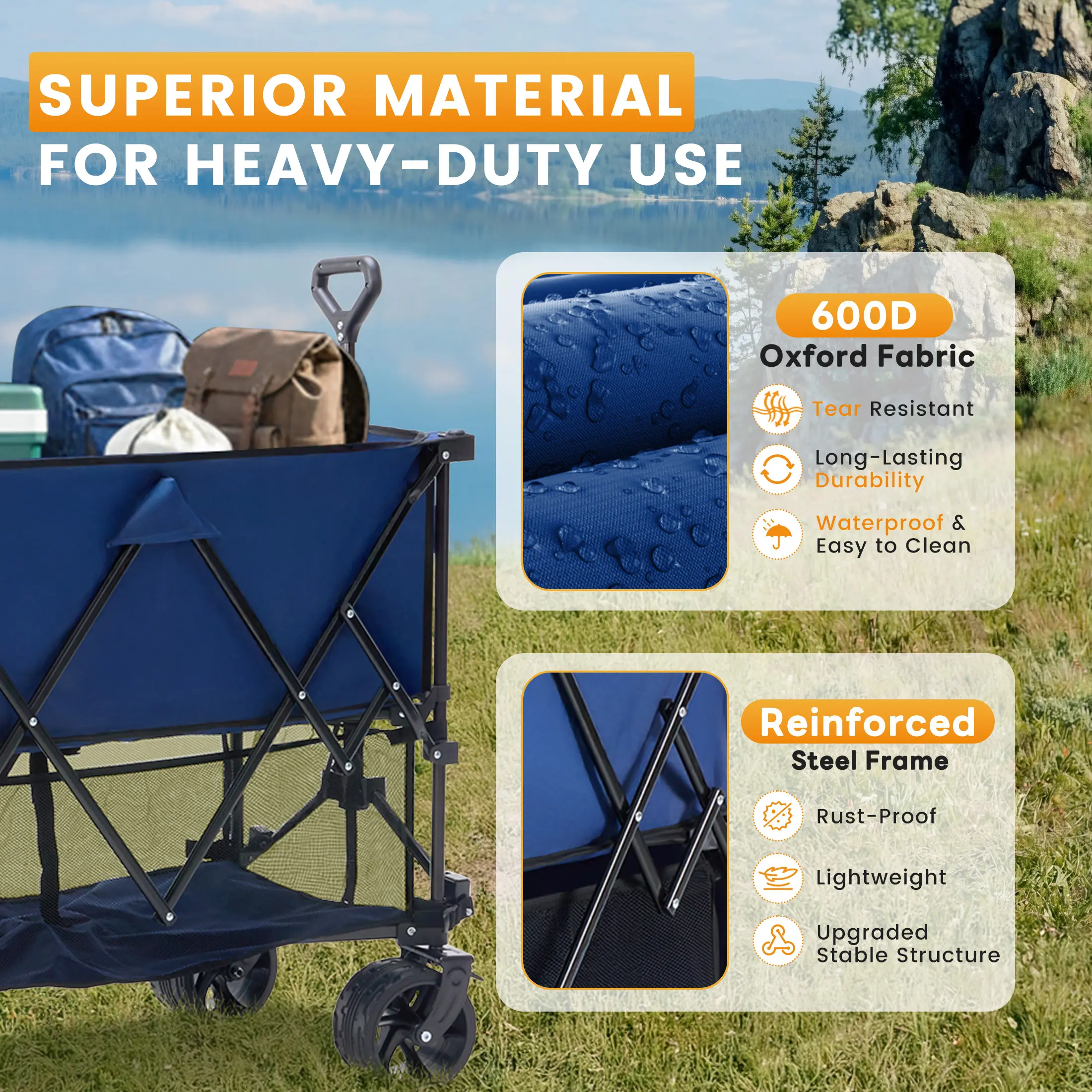 Carro plegable de doble nivel para exteriores DUMOS (320 L) de alta resistencia: capacidad de 440 libras, frenos, asa flexible, ruedas grandes todoterreno; diseño compacto y plegable, ideal para compras, acampada y uso intensivo.