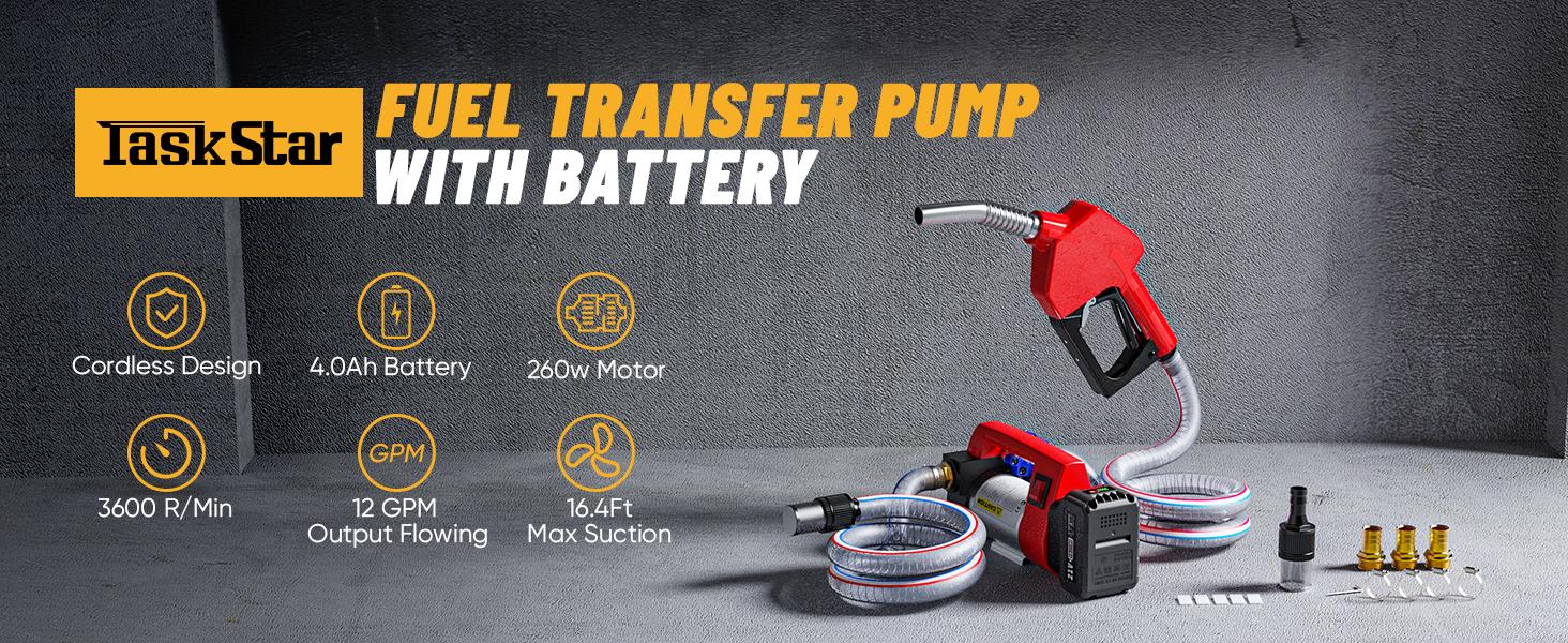 [TaskStar] Transfer Pump, Portable Cordless Diesel Transfer Pump Kit, Battery Powered 12GPM（Includes one battery） Fuel Pump Kit w/ 4.0Ah Battery, Nozzle&Hose for Diesel, Kerosene& Biodiesel