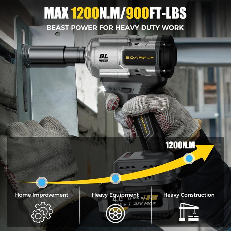 SOARFLY Llave de impacto inalámbrica de 1200 Nm (900 ft-lbs), para automóviles y camiones; incluye 2 baterías de 4.0 Ah, cargador rápido, 3000 RPM, 5 vasos y 1 barra de extensión.