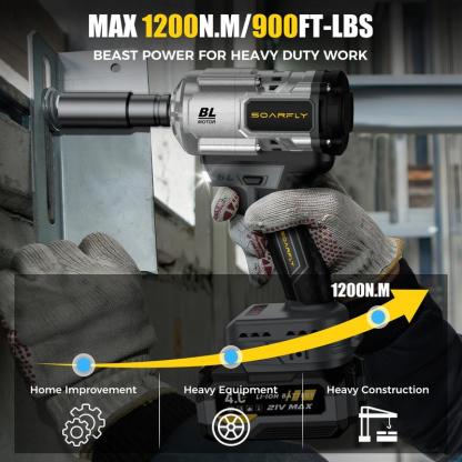 SOARFLY Llave de impacto inalámbrica de 1200 Nm (900 ft-lbs), para automóviles y camiones; incluye 2 baterías de 4.0 Ah, cargador rápido, 3000 RPM, 5 vasos y 1 barra de extensión.