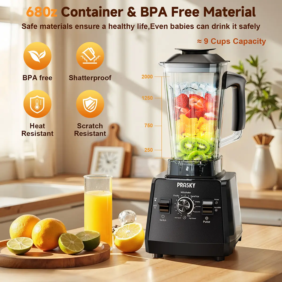 PRASKY BK-688 Licuadora de 68 oz, 2 recipientes