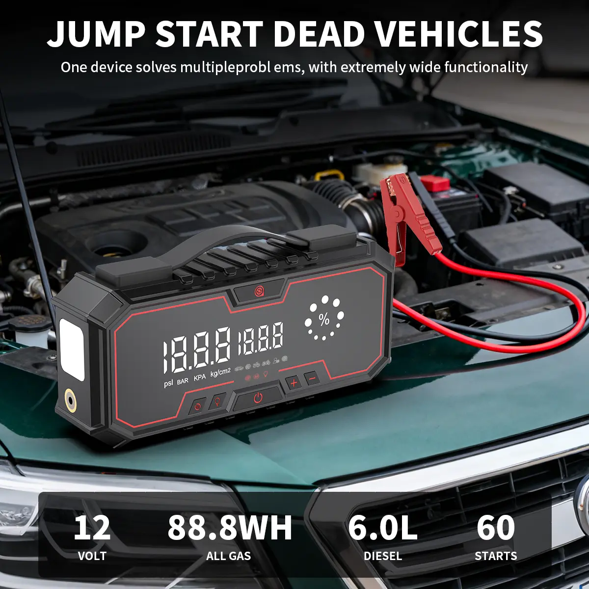 Arrancador de batería portátil para coche Kapeezi de 12 V, batería externa (power bank) de 18 000 mAh, inflador de neumáticos de 160 PSI, luz LED, kit de herramientas para coche; accesorio esencial para automóviles.