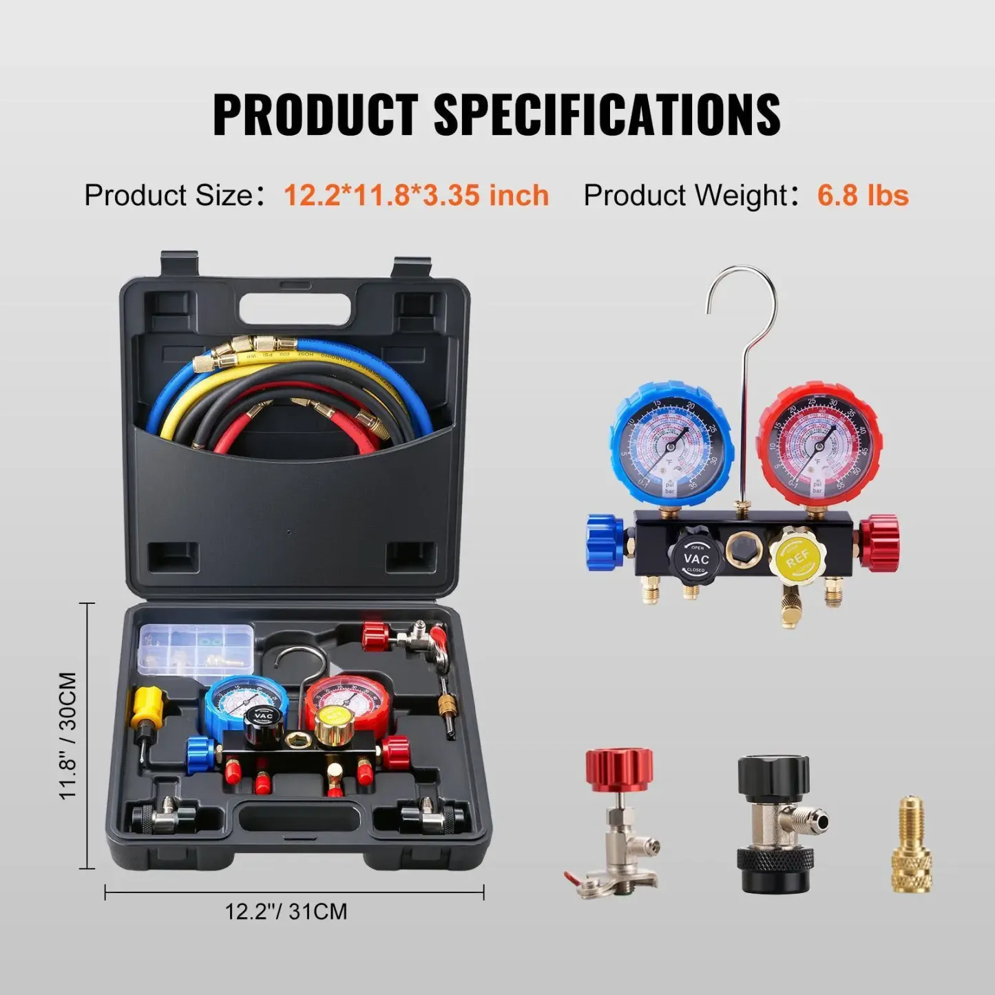 Juego de manómetros de diagnóstico VEVOR para aire acondicionado automotriz; manómetros de 3 vías para refrigerantes R134a, R404A, R1234yf y R22, con mangueras de 5 pies, acopladores y adaptadores; herramienta HVAC para carga, diagnóstico y evacuación de 