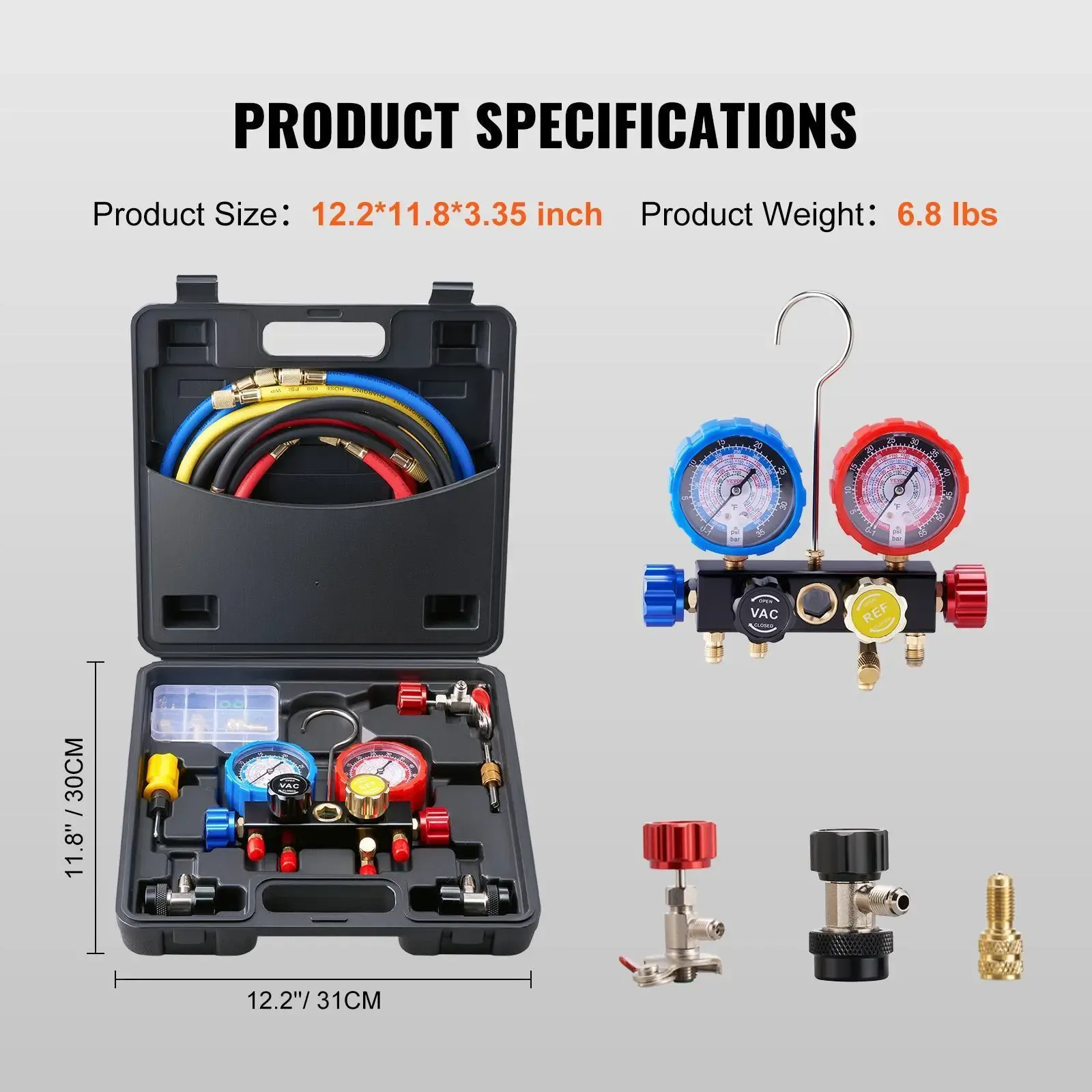 Juego de manómetros de diagnóstico VEVOR para aire acondicionado automotriz; manómetros de 3 vías para refrigerantes R134a, R404A, R1234yf y R22, con mangueras de 5 pies, acopladores y adaptadores; herramienta HVAC para carga, diagnóstico y evacuación de 