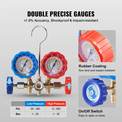 Juego de manómetros de diagnóstico VEVOR para aire acondicionado automotriz; manómetros de 3 vías para refrigerantes R134a, R404A, R1234yf y R22, con mangueras de 5 pies, acopladores y adaptadores; herramienta HVAC para carga, diagnóstico y evacuación de 