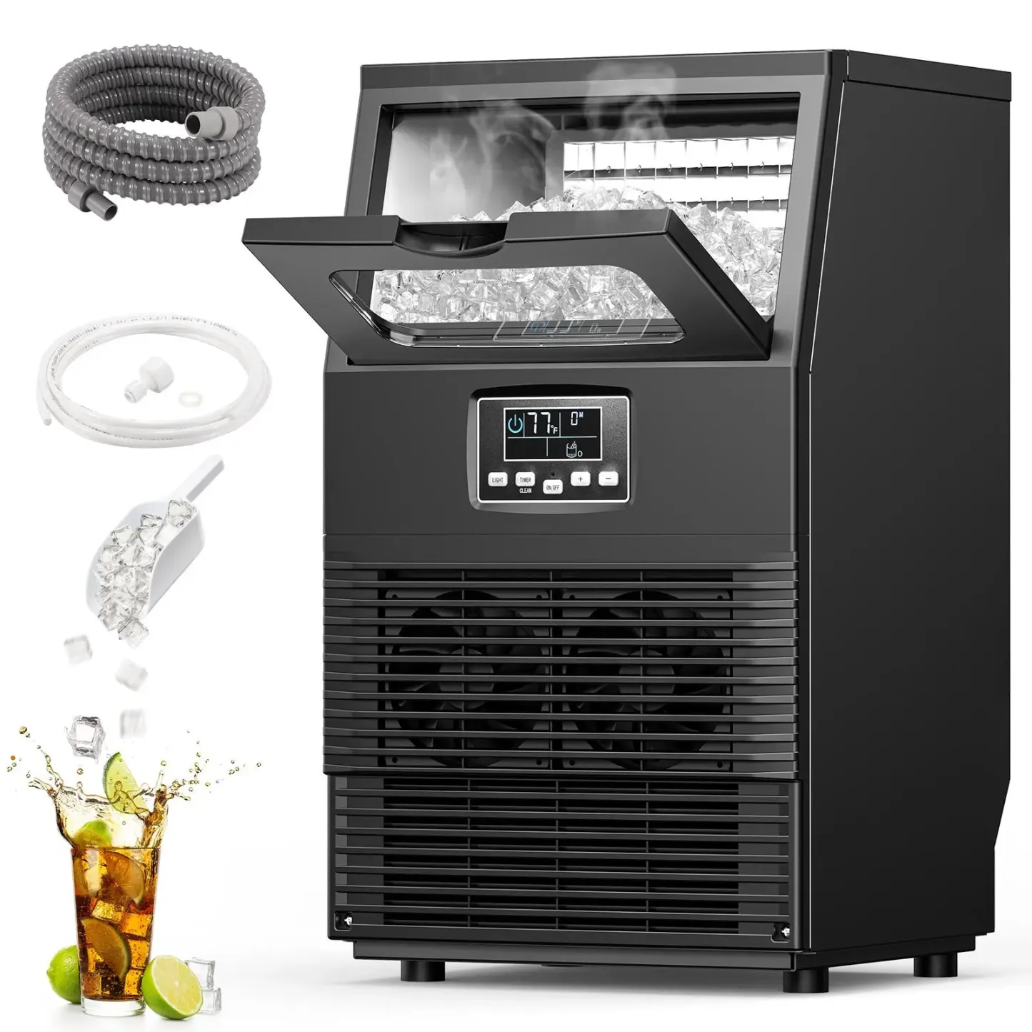 Máquina de hielo comercial COWSAR V2.0, capacidad de 100 libras, dos métodos de suministro de agua, autolimpieza, temporizador de 24 horas, cesta de 33 libras; fabricada en acero inoxidable, ideal para escuelas, hogares, bares y vehículos recreativos (RV)
