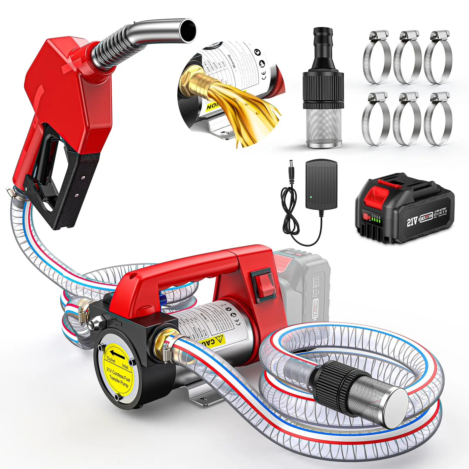 Kit de bomba portátil e inalámbrica para trasvase de diésel, alimentada por batería (12 GPM / 45 L/min), con batería de 4,0 Ah, boquilla y manguera; apta para diésel, queroseno y biodiésel.