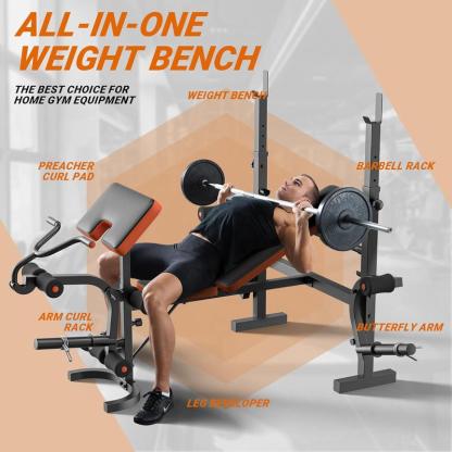 Banco de pesas 6 en 1 con extensión de piernas (no incluye discos de peso) — Banco de entrenamiento para gimnasio en casa con soporte y almohadilla predicador — Banco para levantamiento de pesas