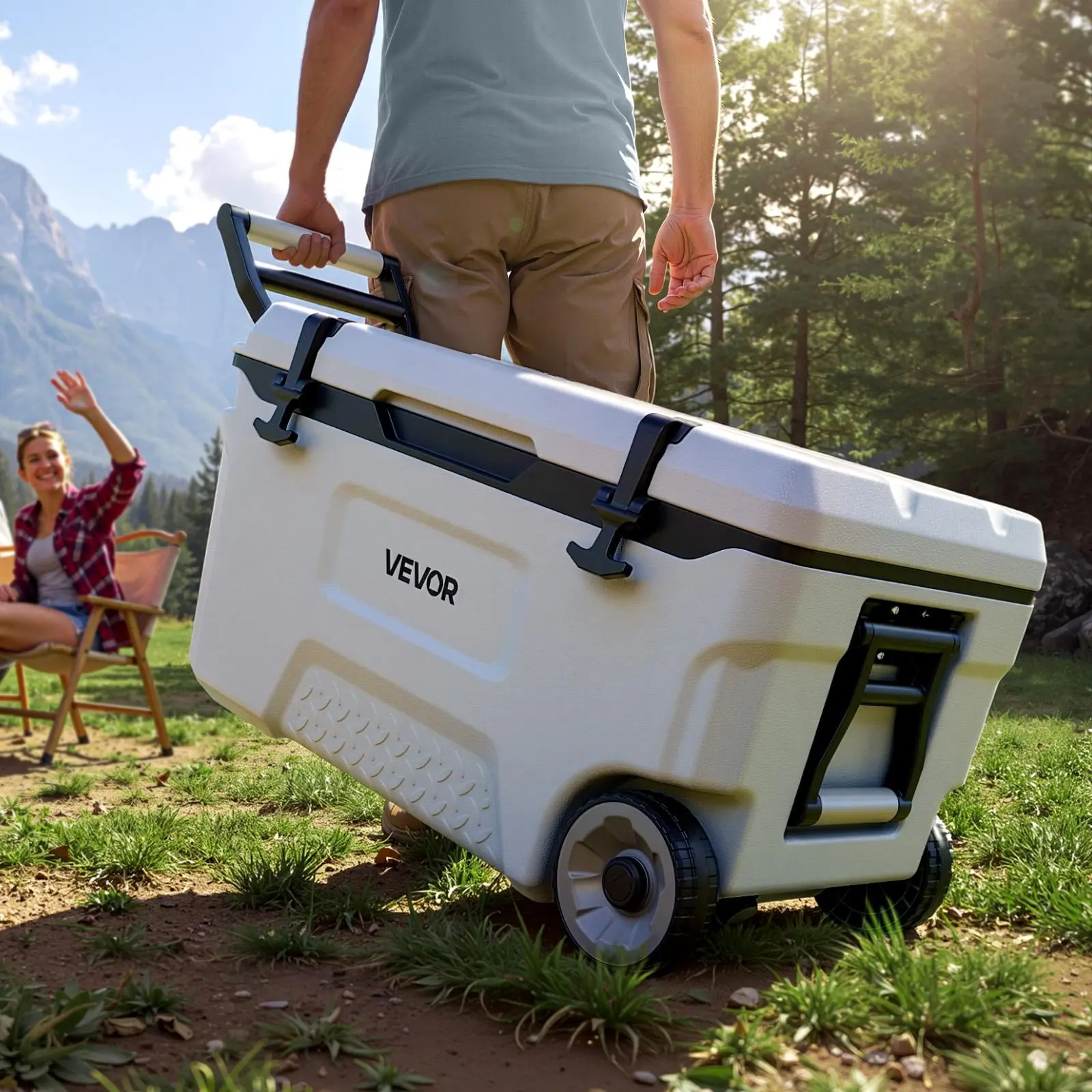Nevera rígida VEVOR, nevera portátil con ruedas de 52 cuartos (aprox. 49 L), resistente a fugas y capaz de mantener el contenido frío durante 48 horas; arcón aislado con excelente retención de hielo, ultraligera e ideal para picnics al aire libre, barbaco