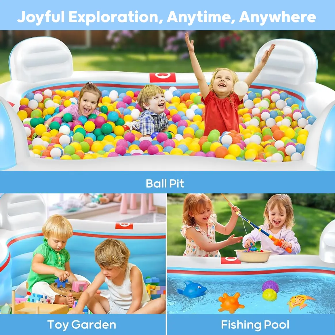 Piscina inflable QPAU, piscina inflable de tamaño completo con asientos y respaldos, piscina infantil para exteriores y jardín, para la diversión familiar en verano, color azul (Jelly Blue).