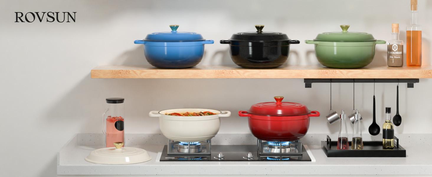 ROVSUN Enameled Cast Iron Round Dutch Oven, 5/6/7.5QT Pot with Lid &Dual Handles with Silicone Gloves,Oven Safe up to 500&deg;F, Heavy-Duty Pre-Seasoned Cookware for Bread Baking, Braising, Stews, Roasting,TikTokShopBlackFriday