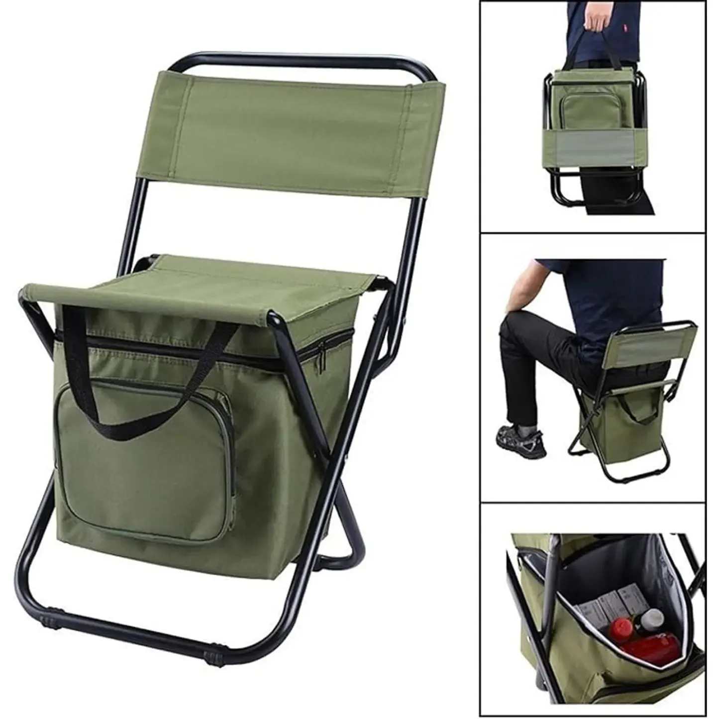 Silla de pesca portátil con bolsa térmica, taburete de pesca compacto, silla de camping plegable y compacta, silla para exteriores de resistente tela Oxford, soporta hasta 440 libras (aprox. 200 kg); ideal para viajes, acampada, caza y senderismo.