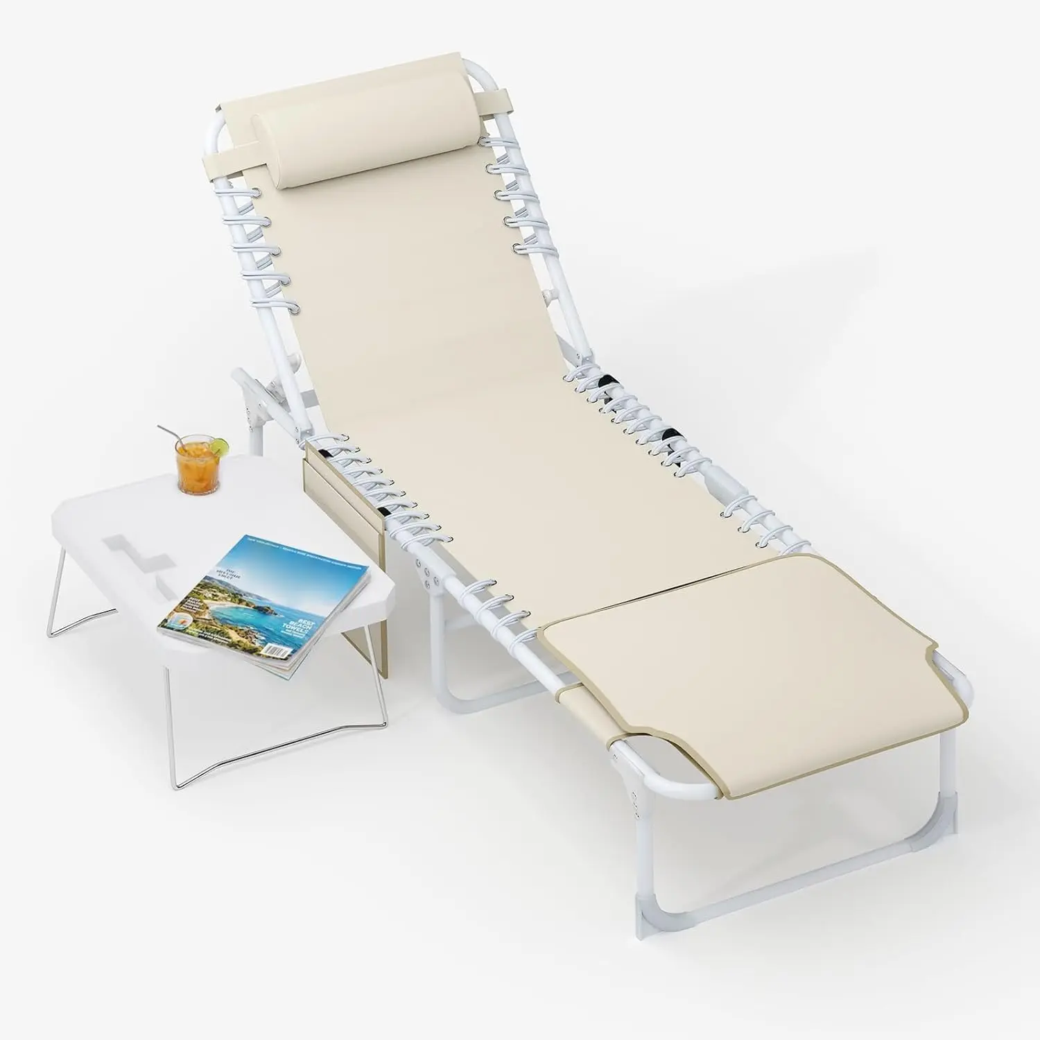 Banco de jardín multifuncional 3 en 1, respaldo de 5 posiciones, cojín extraíble, mesa lateral plegable; para exteriores (playa, piscina, patio, jardín), carga máxima de 150 kg.