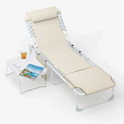 Banco de jardín multifuncional 3 en 1, respaldo de 5 posiciones, cojín extraíble, mesa lateral plegable; para exteriores (playa, piscina, patio, jardín), carga máxima de 150 kg.