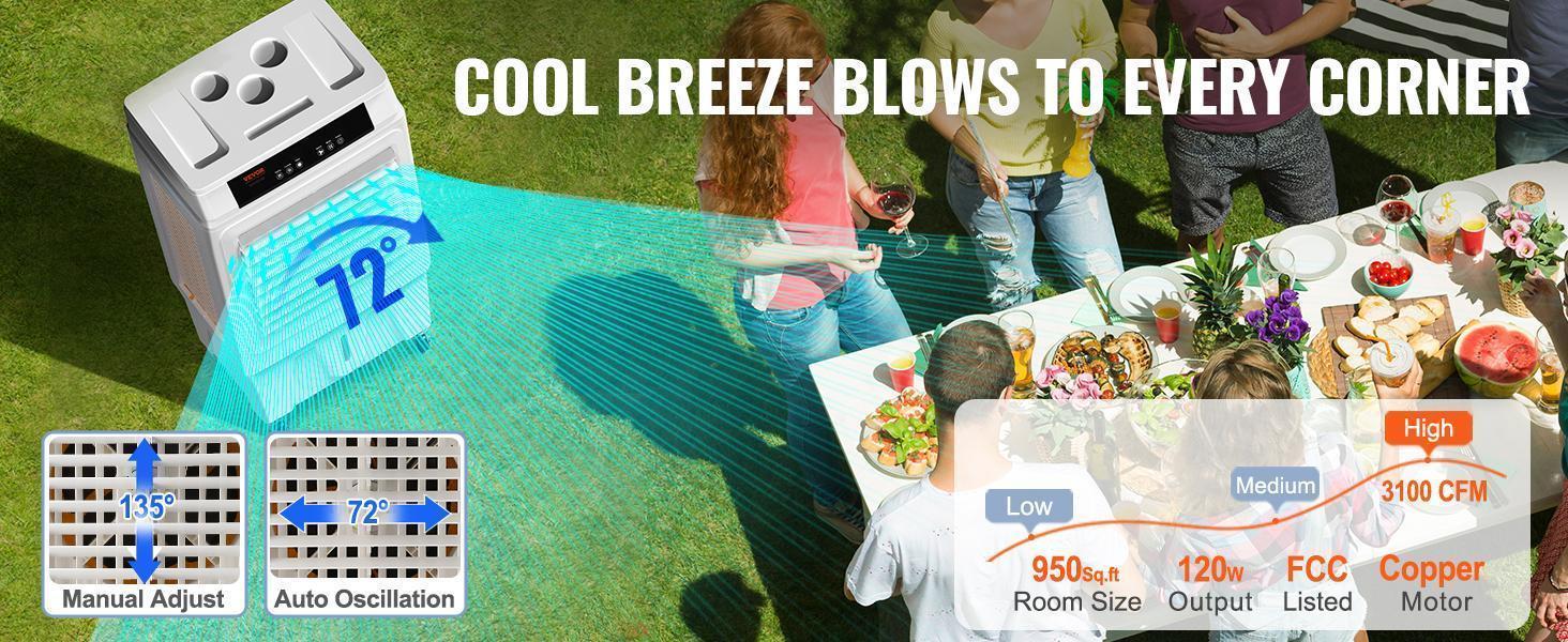 【Summerfinds】VEVOR Evaporative Air Cooler, 3100 CFM, 135&deg; Oscillating Swamp Cooler with Adjustable 3 Speeds and 12 H Timer, 9 Gal Portable Air Cooler for 950 Sq.ft, Indoor/Outdoor Use