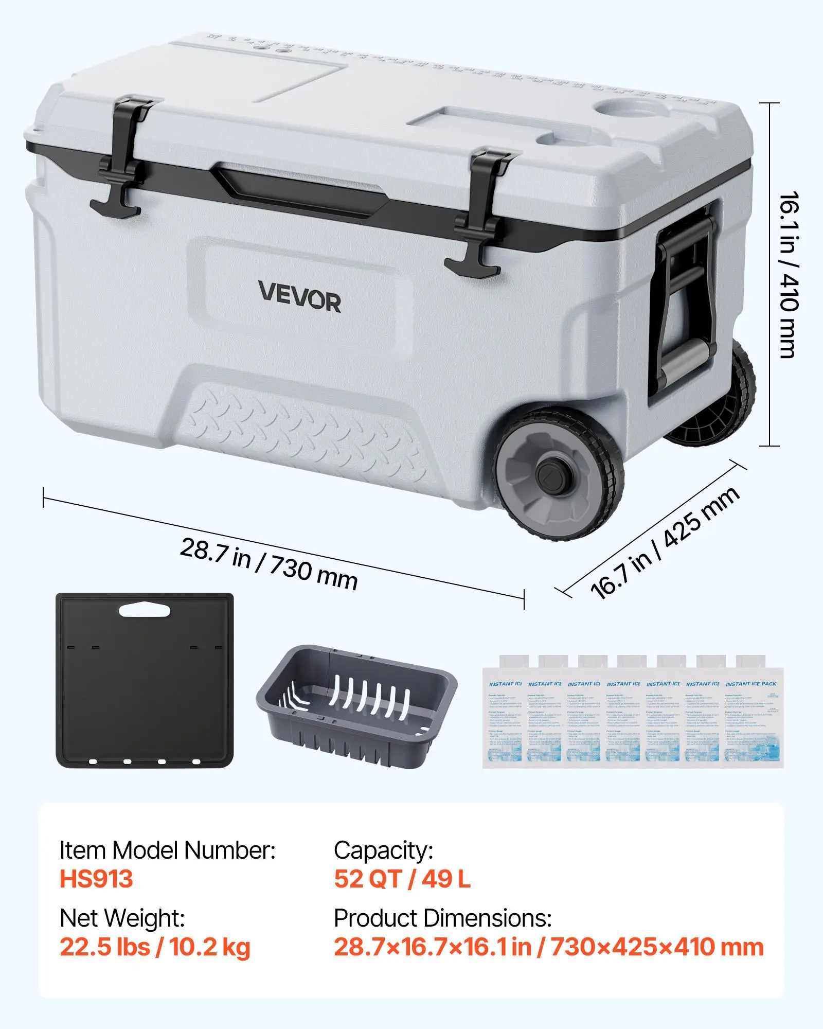 Nevera rígida VEVOR, nevera portátil con ruedas de 52 cuartos (aprox. 49 L), resistente a fugas y capaz de mantener el contenido frío durante 48 horas; arcón aislado con excelente retención de hielo, ultraligera e ideal para picnics al aire libre, barbaco