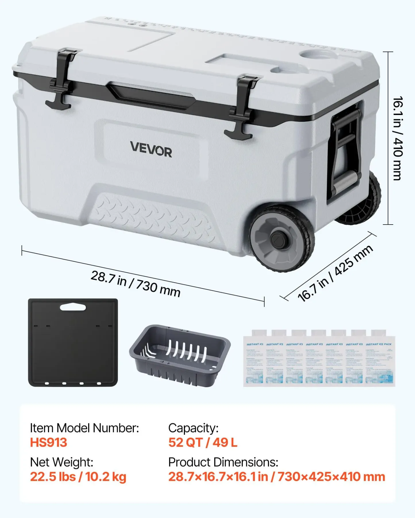 Nevera rígida VEVOR, nevera portátil con ruedas de 52 cuartos (aprox. 49 L), resistente a fugas y capaz de mantener el contenido frío durante 48 horas; arcón aislado con excelente retención de hielo, ultraligera e ideal para picnics al aire libre, barbaco