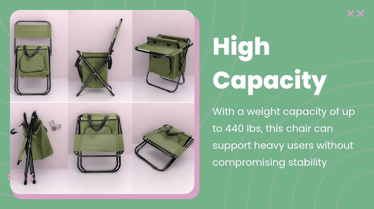 Portable Fishing Chair with Ice Bag, Fishing Chair with Cooler Bag, Compact Fishing Stool, Foldable Camping Chair Compact Foldable Camping Chair, Durable Oxford Fabric Outdoor Chair, Holds Up to 440 Lbs, Suitable Travel、 Camping 、Hunting 、Hiking