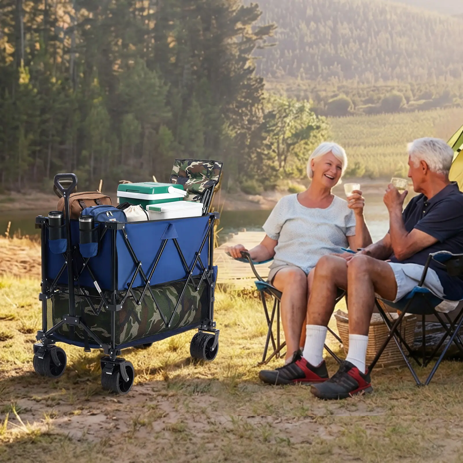 Carro plegable de doble nivel para exteriores DUMOS (320 L) de alta resistencia: capacidad de 440 libras, frenos, asa flexible, ruedas grandes todoterreno; diseño compacto y plegable, ideal para compras, acampada y uso intensivo.