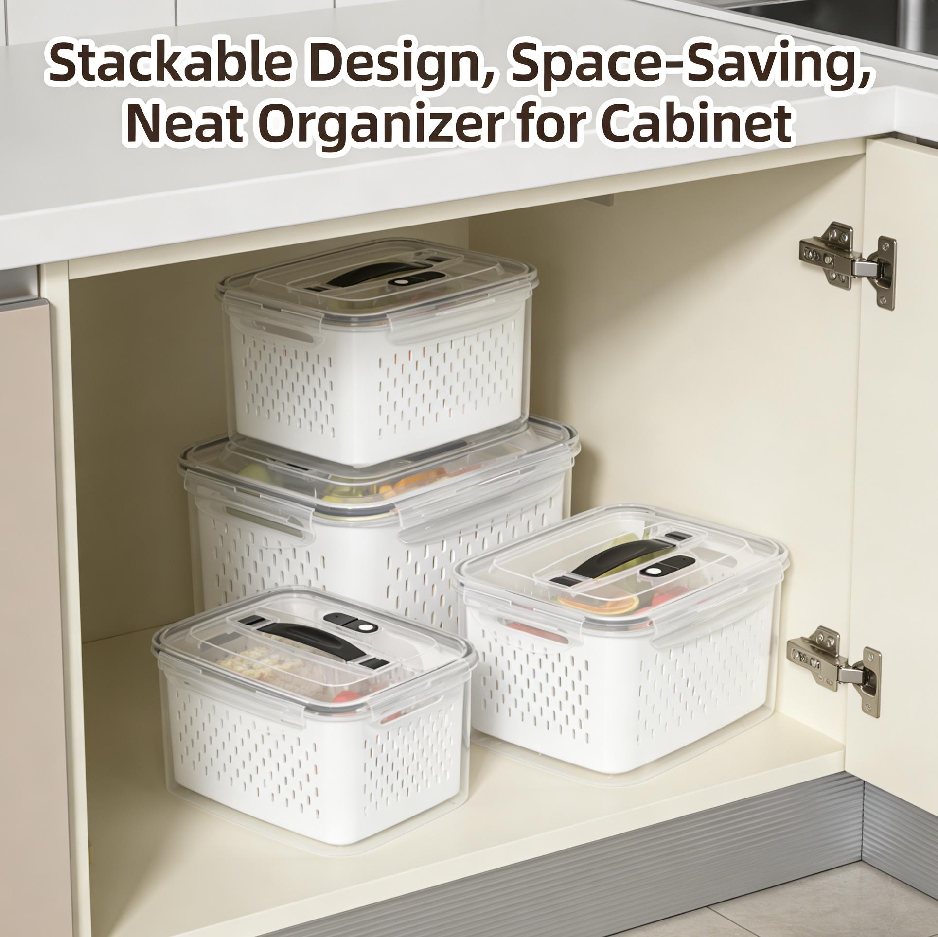 Kitchen Utensils Fridge Storage Organizers (3pcs/5pcs) - Transparent Plastic Stackable Storage Jar Strainer Containers with Removable Colander, Leakproof, Dishwasher & Microwave Safe, Keeps Fruits Vegetables Fresh Longer