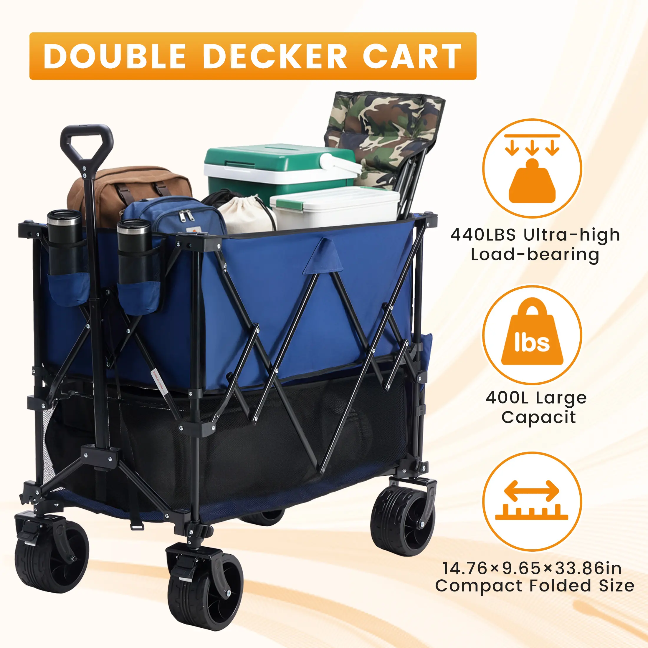 Carro plegable de doble nivel para exteriores DUMOS (320 L) de alta resistencia: capacidad de 440 libras, frenos, asa flexible, ruedas grandes todoterreno; diseño compacto y plegable, ideal para compras, acampada y uso intensivo.