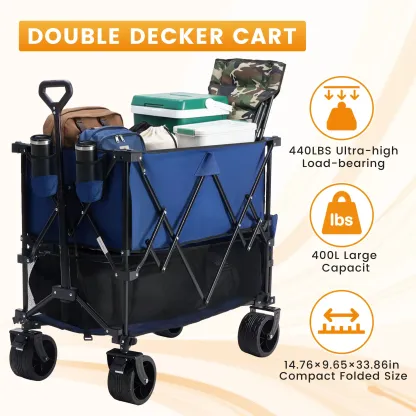 Carro plegable de doble nivel para exteriores DUMOS (320 L) de alta resistencia: capacidad de 440 libras, frenos, asa flexible, ruedas grandes todoterreno; diseño compacto y plegable, ideal para compras, acampada y uso intensivo.