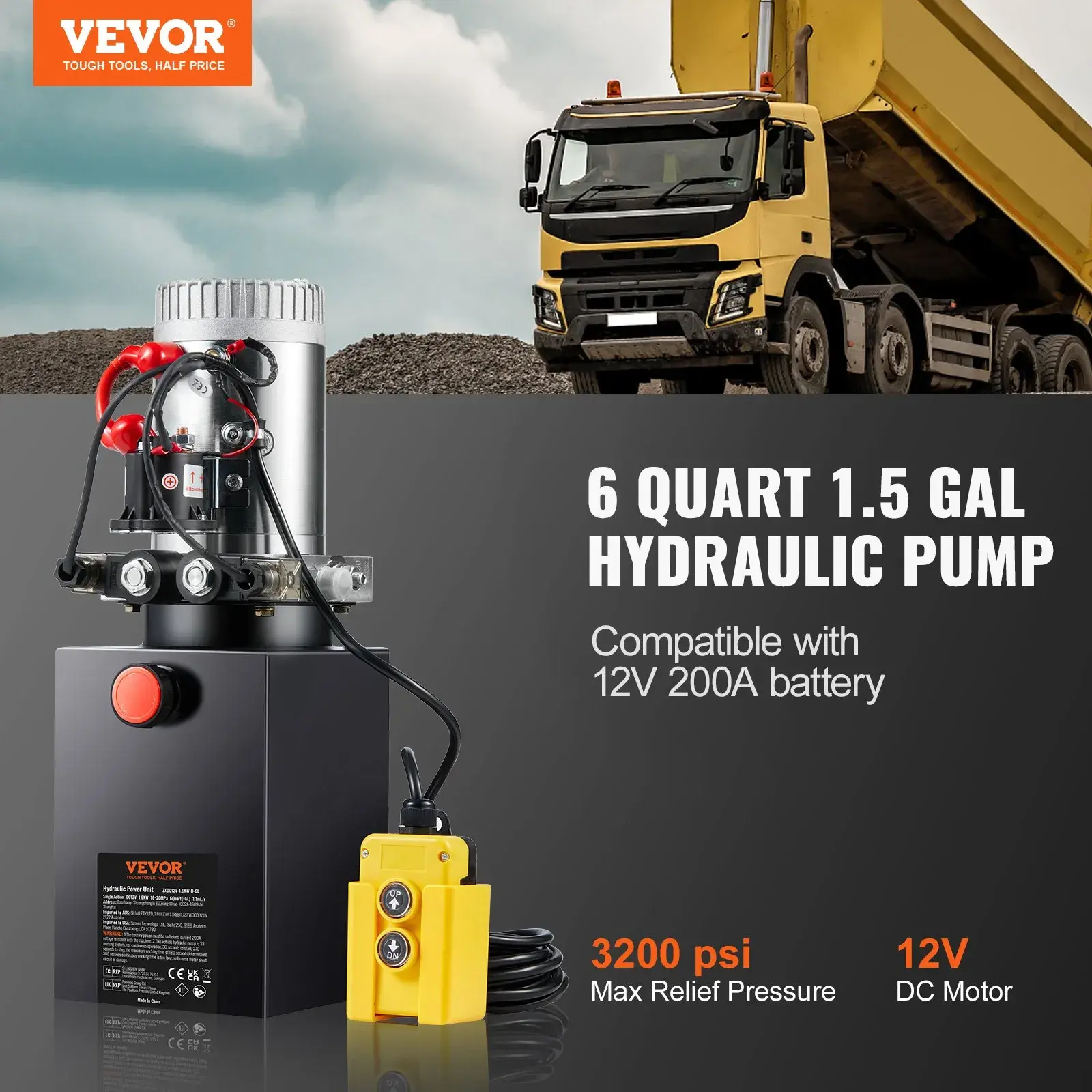 Bomba hidráulica VEVOR, unidad de potencia hidráulica de 6 cuartos de galón, bomba de doble efecto para remolque volquete, caudal de 0,91 GPM, presión máxima de alivio de 3200 PSI, bomba hidráulica de 12 V CC para remolque volquete y elevación de vehículo