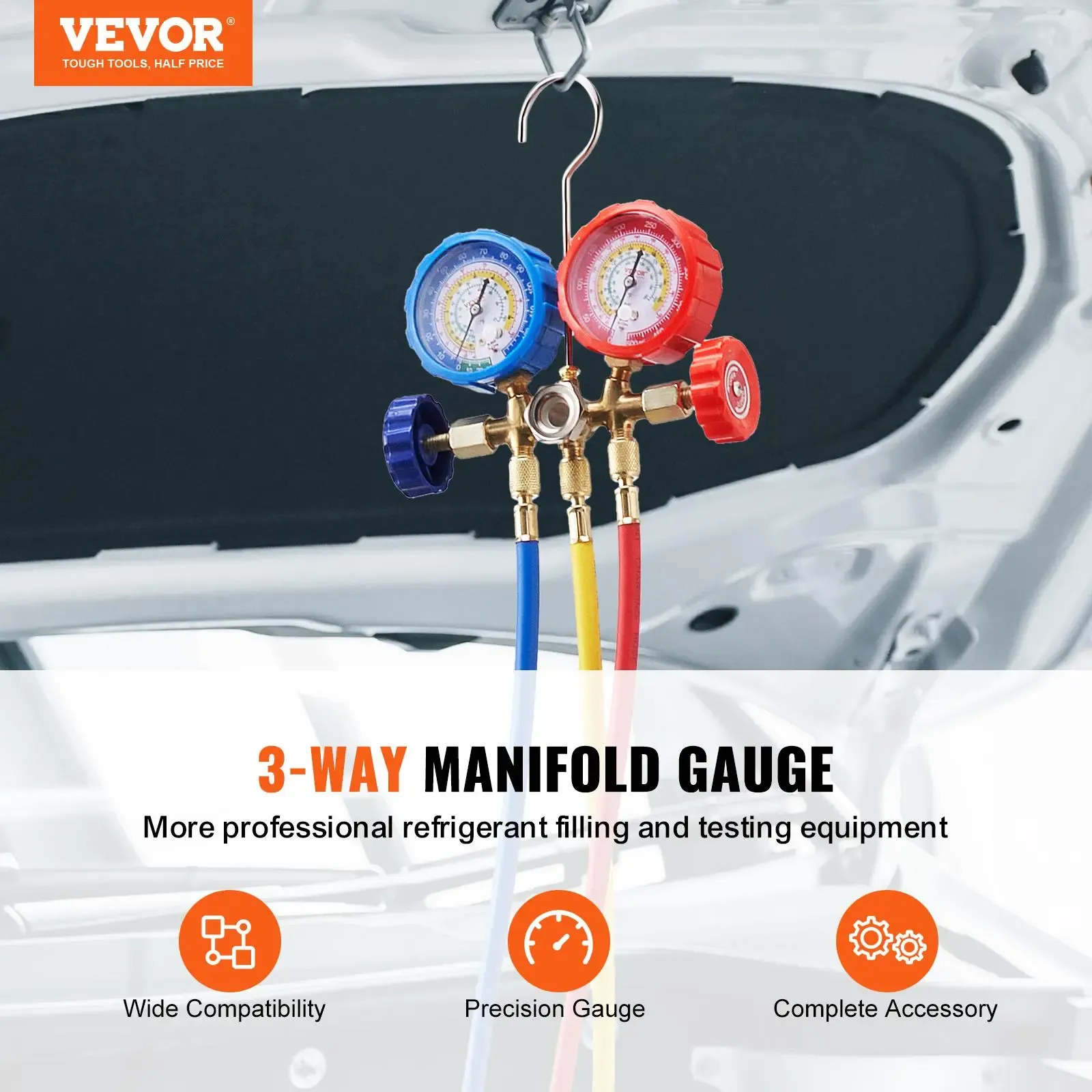 Juego de manómetros de diagnóstico VEVOR para aire acondicionado automotriz; manómetros de 3 vías para refrigerantes R134a, R404A, R1234yf y R22, con mangueras de 5 pies, acopladores y adaptadores; herramienta HVAC para carga, diagnóstico y evacuación de 