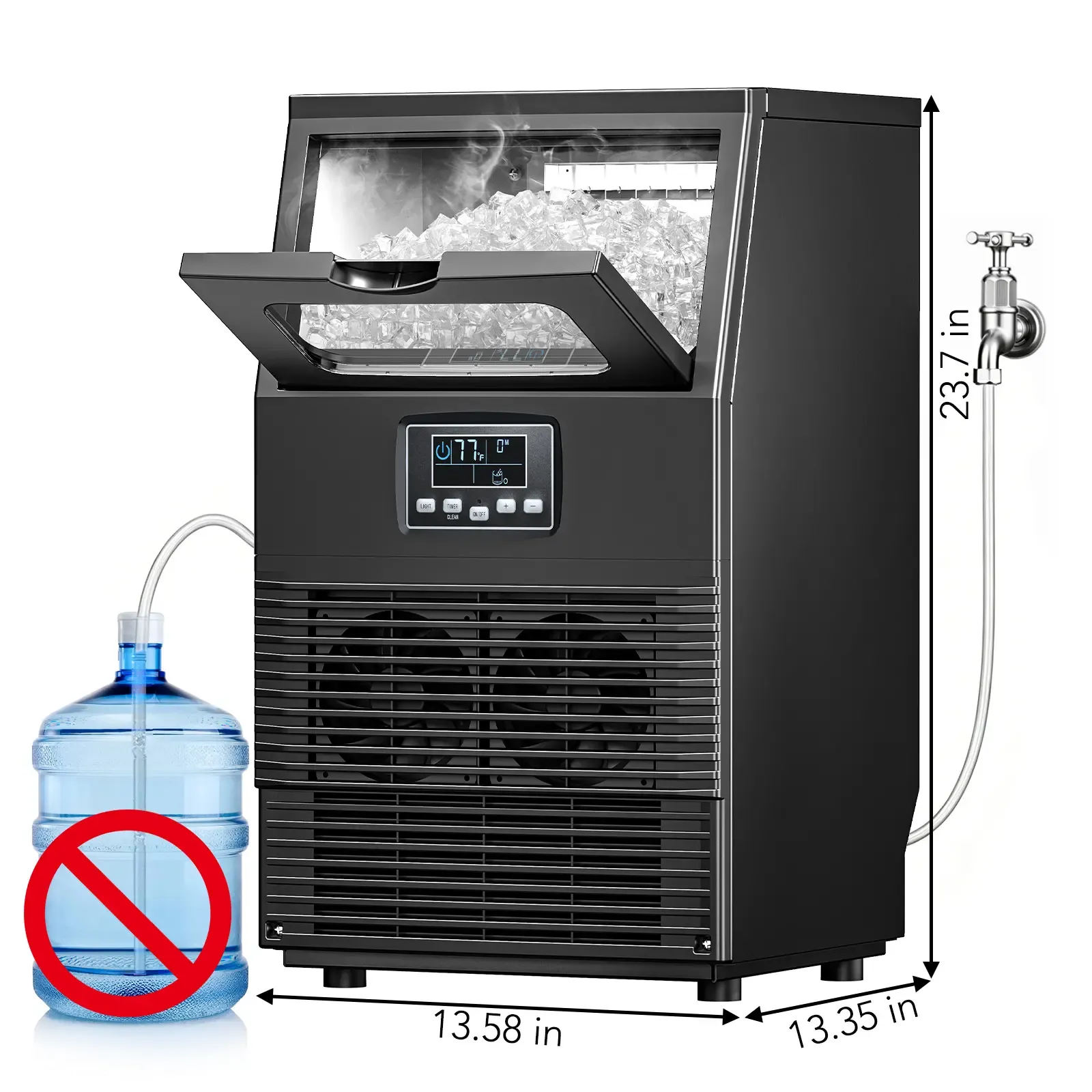 Máquina de hielo comercial COWSAR V2.0, capacidad de 100 libras, dos métodos de suministro de agua, autolimpieza, temporizador de 24 horas, cesta de 33 libras; fabricada en acero inoxidable, ideal para escuelas, hogares, bares y vehículos recreativos (RV)