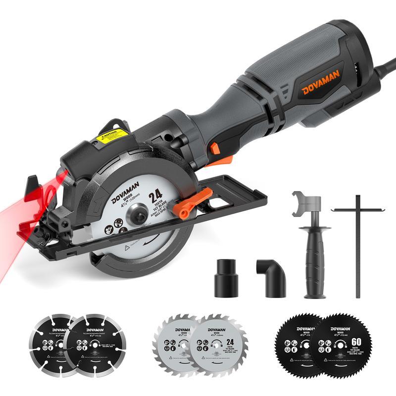 DOVAMAN Sierra Circular, 5.8A 4-1/2" con Láser, Empuñadura Auxiliar, 6 Discos de Sierra (4½", 4¾"), Profundidad Máx. de Corte 1-11/16", Para Madera, Metales Blandos, Plástico y Azulejos - MCS01A