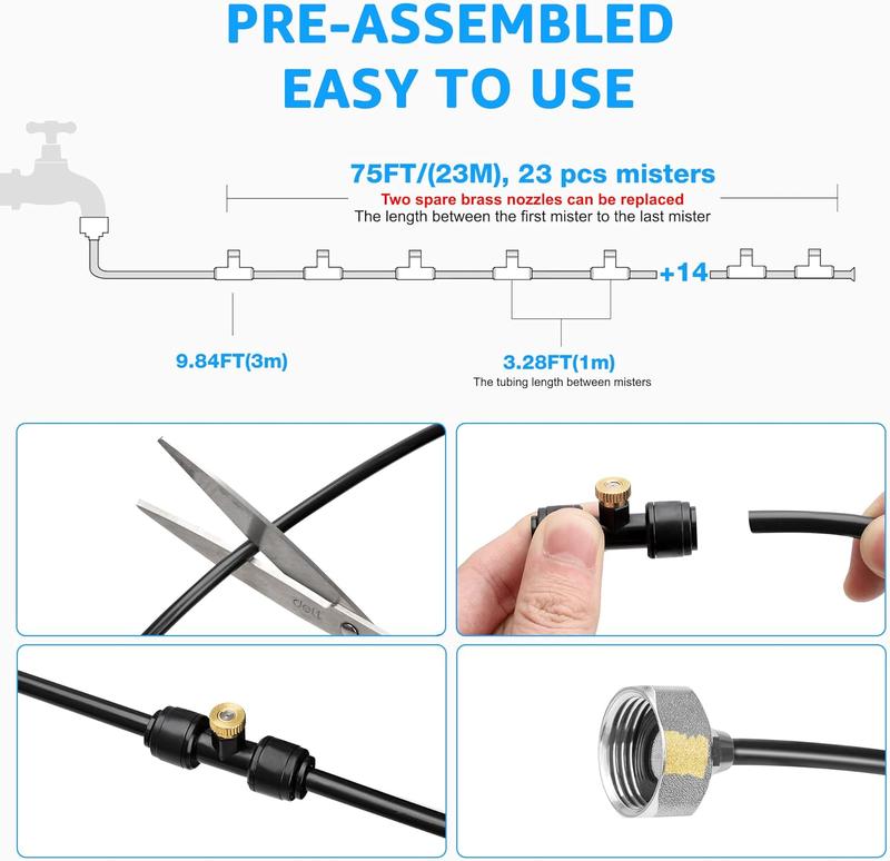 Sistema de Nebulización Exterior de 75 FT – 23 Boquillas de Latón + Adaptador ¾″ – Reducción Instantánea a 73 °F / 23 °C – Patio • Jardín • Invernadero • Corral para Caballos Multiuso