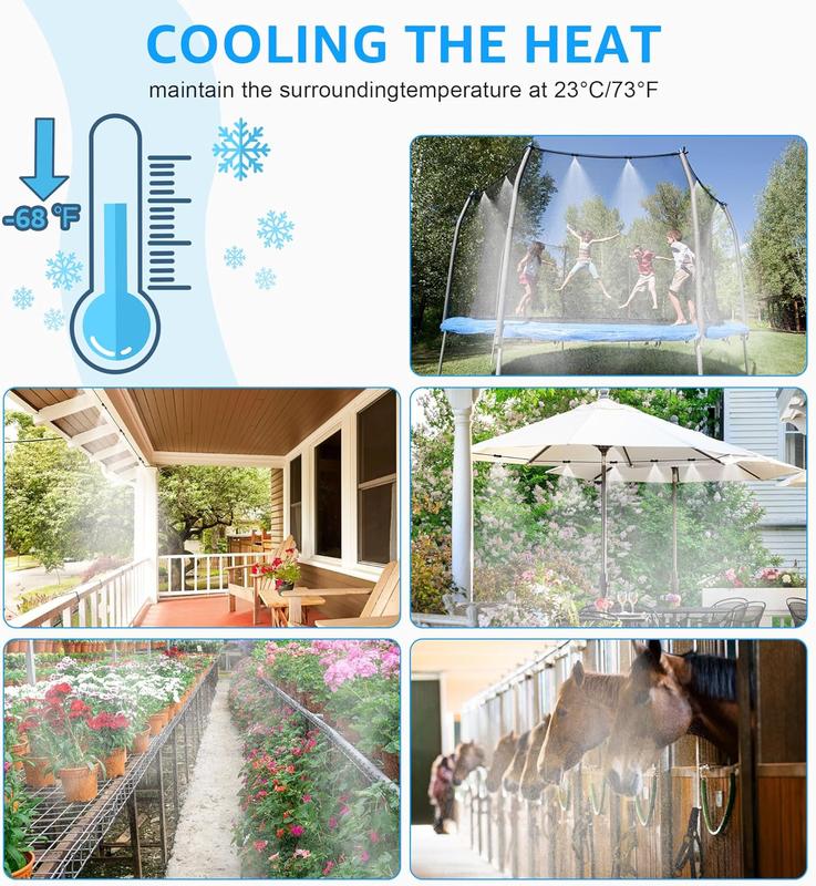 Sistema de Nebulización Exterior de 75 FT – 23 Boquillas de Latón + Adaptador ¾″ – Reducción Instantánea a 73 °F / 23 °C – Patio • Jardín • Invernadero • Corral para Caballos Multiuso