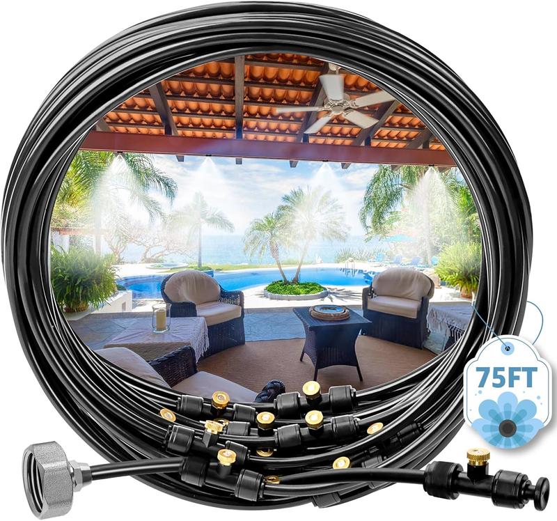 Sistema de Nebulización Exterior de 75 FT – 23 Boquillas de Latón + Adaptador ¾″ – Reducción Instantánea a 73 °F / 23 °C – Patio • Jardín • Invernadero • Corral para Caballos Multiuso