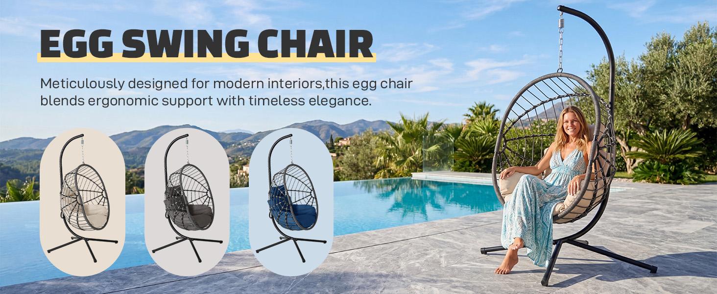 Egg Swing Chair with Stand- 350/600/700 lbs Weight Capacity, Outdoor Indoor Wicker Rattan Hanging Egg Chair with Cushion, Porch Swing Patio Furniture
