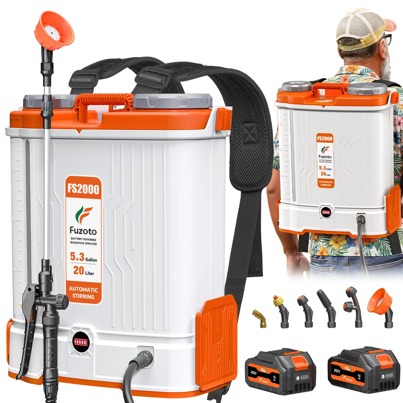 Pulverizador de mochila a batería de 5,3 galones, 2 baterías de gran capacidad de 20 V y presión ajustable de 45-90 PSI; pulverizador eléctrico de mochila para jardín con 6 boquillas, ideal para césped, jardín y patio.