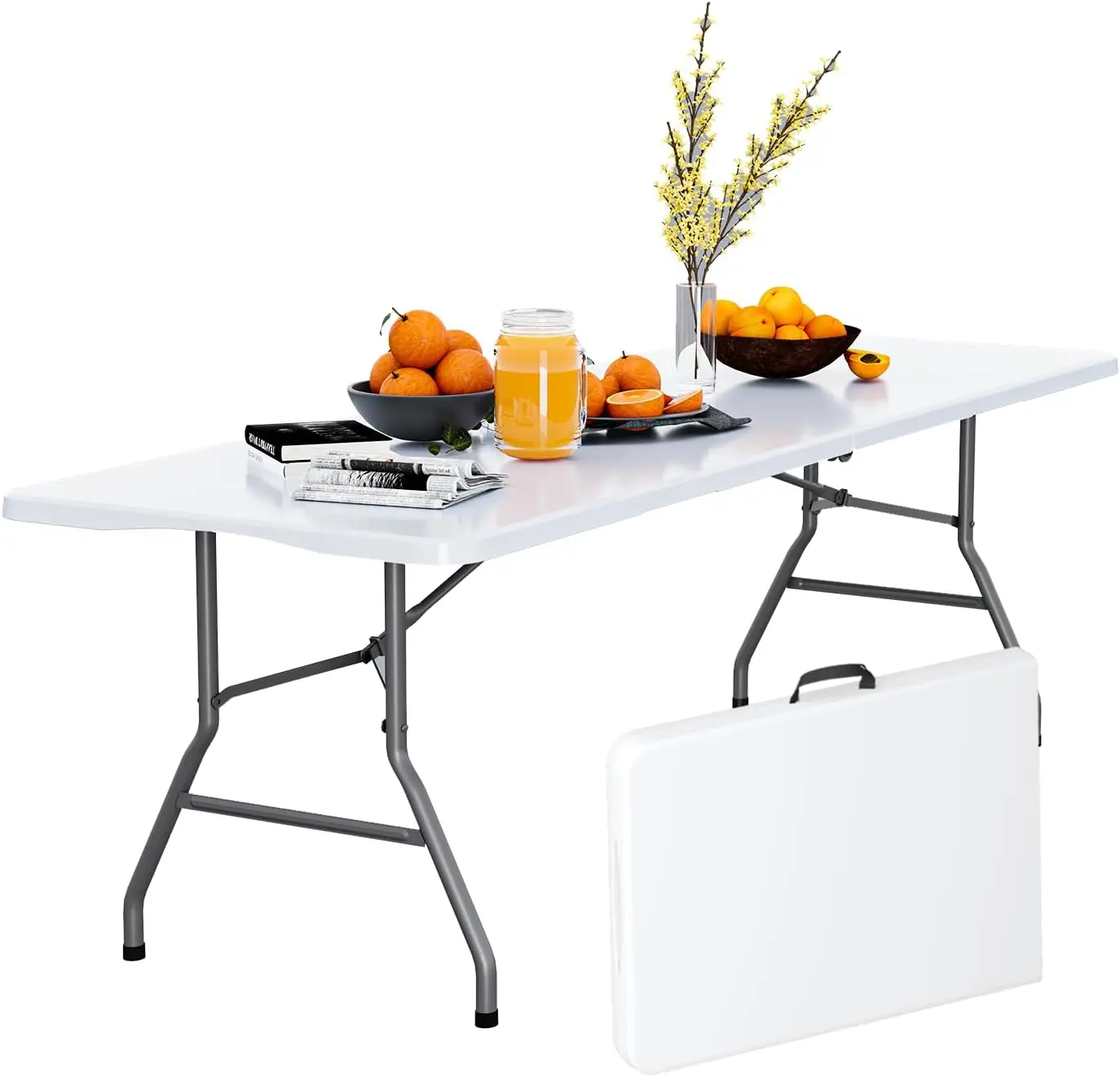 Mesa plegable ligera para exteriores de 1,8 metros (6 pies), mesa de plástico resistente plegable por la mitad con asa de transporte para uso en interiores y picnics.