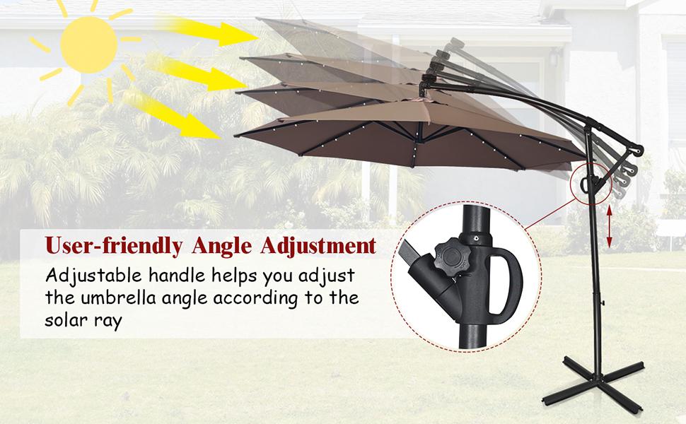 COSTWAY 10 FT 360&deg; Rotating Solar Powered Patio Umbrella, Offset Cantilever Outdoor Umbrella with 360 Degree Rotation, Easy Tilt Adjustment, Crank Handle & Cross Base for Pool Deck Garden Backyard,4th of july decor, dad gift
