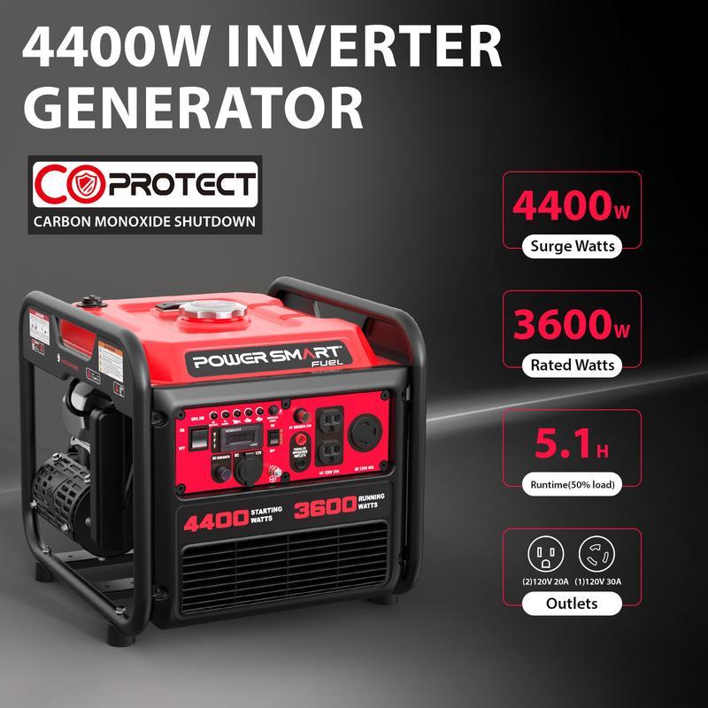 Generador Inverter PowerSmart 4400W a Gasolina con Sensor CO, Portátil y Silencioso para Emergencias, Camping y Hogar
