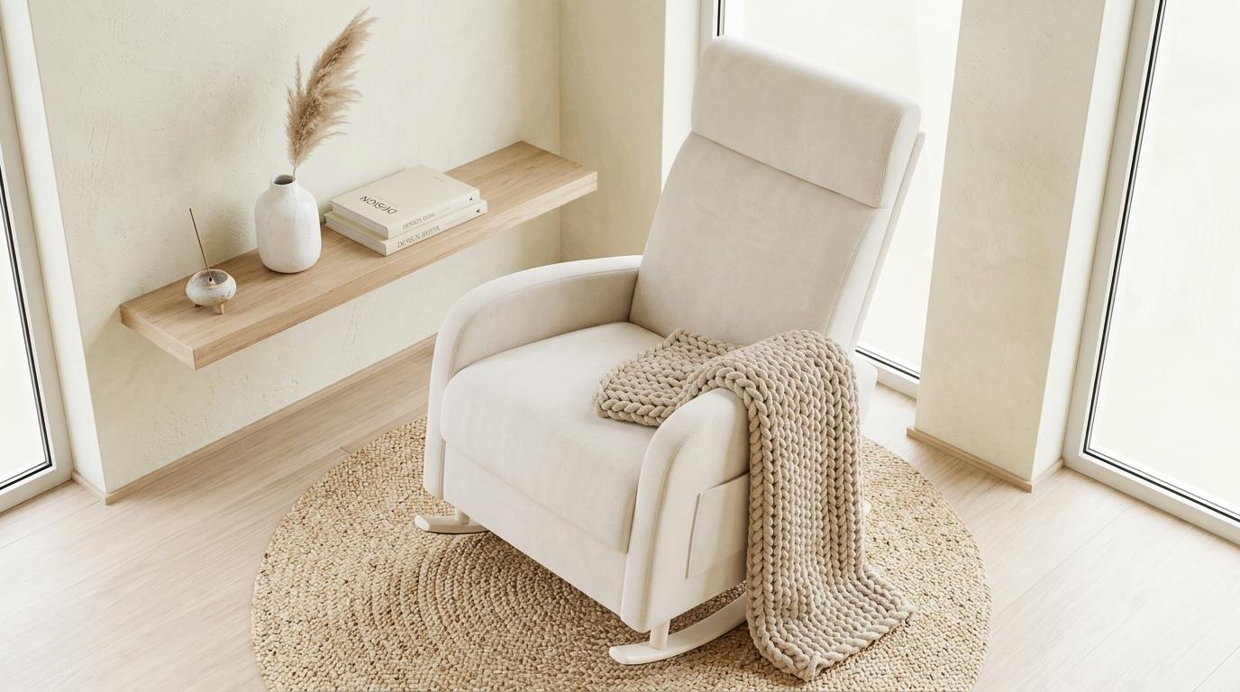 HIPIHOM Rocking Chair Nursery chair,Ergonomically Crafted Recliner, Plush White Fabric Upholstery. Perfect for Living Room, Home Office, Reading Sessions & Soothing Babies.