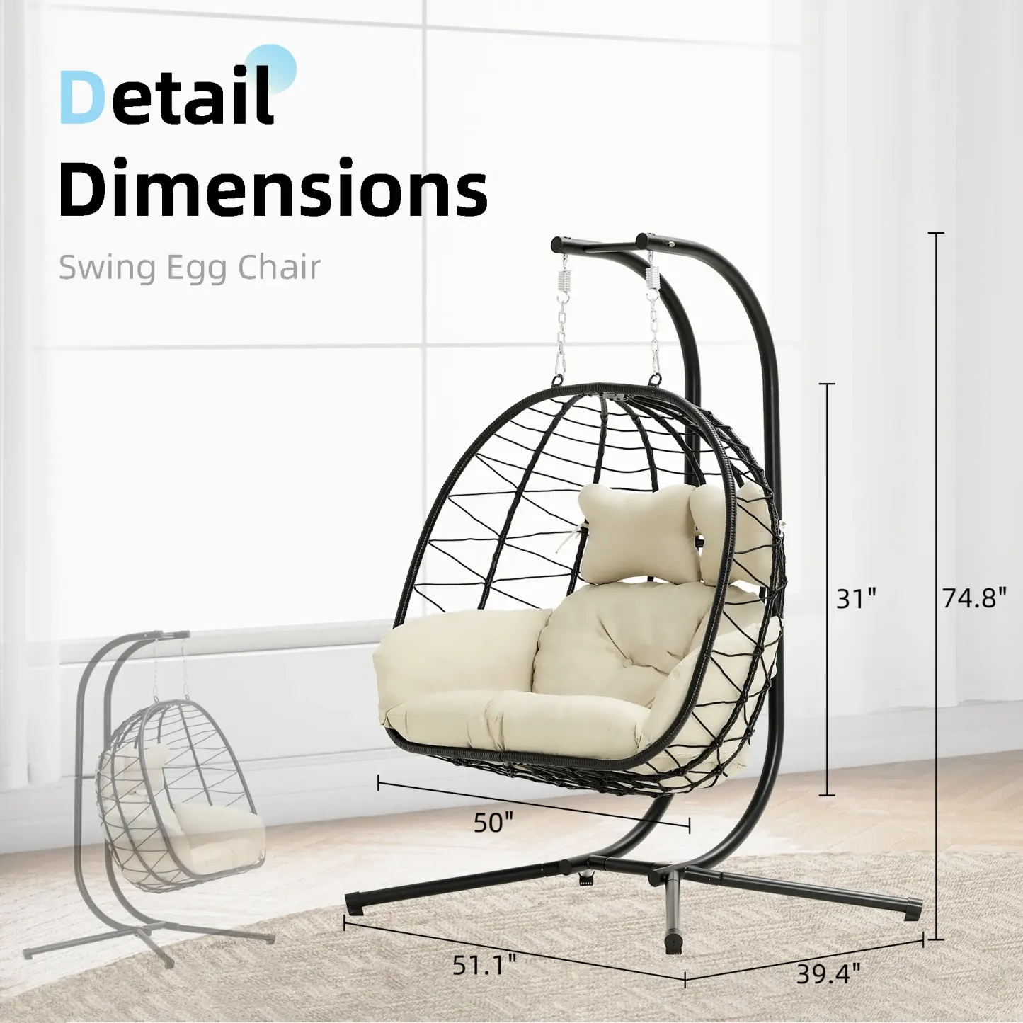 Sillón colgante doble tipo huevo con soporte - Capacidad de 700 libras
