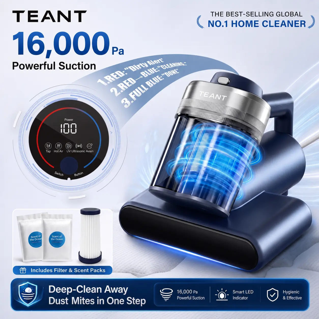 【DealsForYouDays】Aspiradora de colchón Teant para ácaros del polvo, succión potente de 16 kPa, pantalla LED y luz UV-C, esterilización por aire caliente de 149 °F y con tableta aromática, aspiradora de mano de doble depósito con filtro HEPA para limpieza 