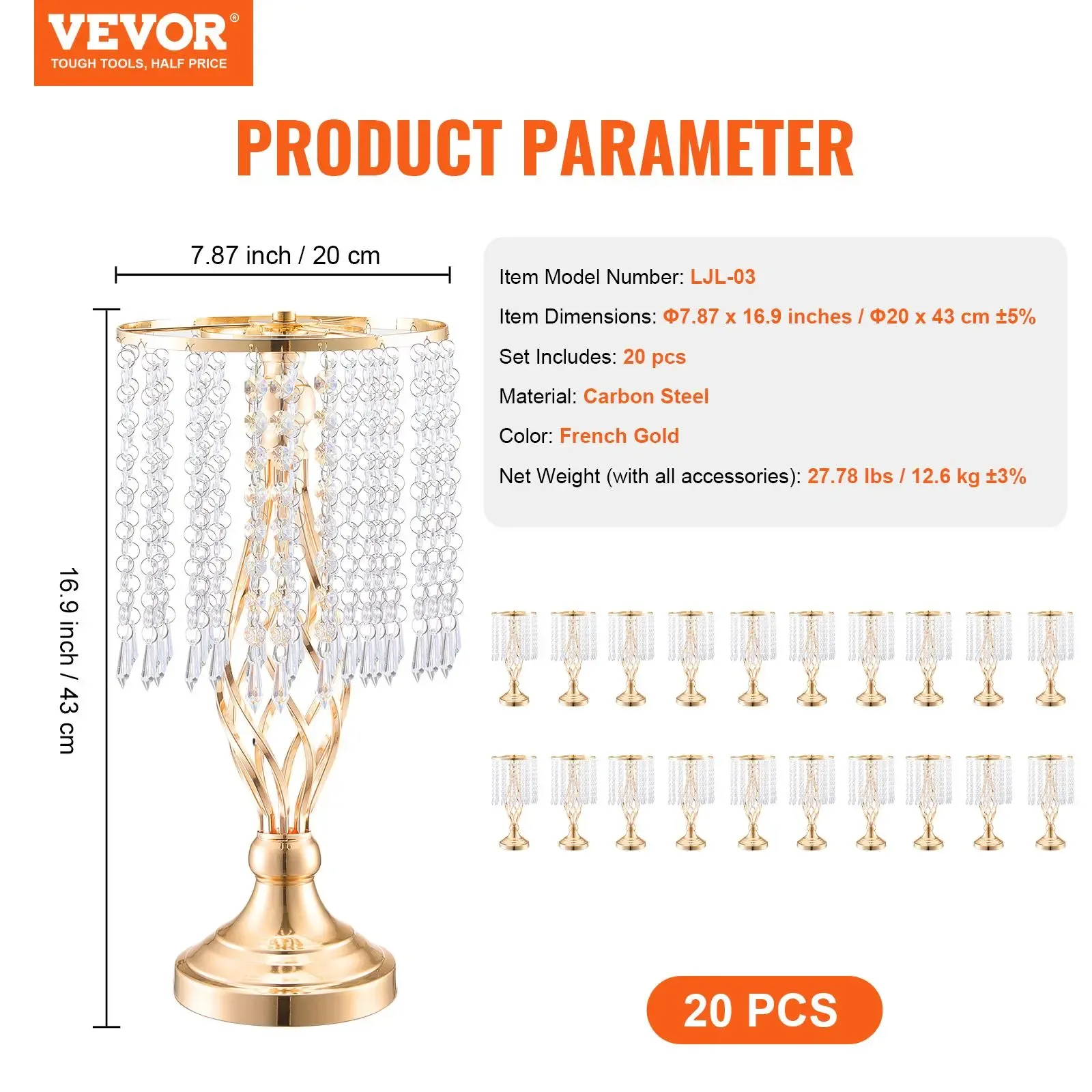 Juego de 20 soportes de cristal para flores de boda (43 cm / 16,9 pulgadas de altura), floreros metálicos para centros de mesa, soportes dorados para arreglos florales; ideales para mesas en bodas, cenas, fiestas, ceremonias, cumpleaños y eventos.