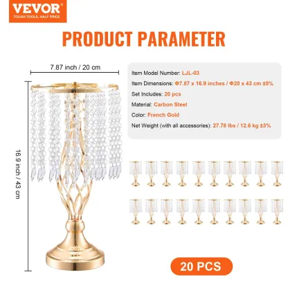 Juego de 20 soportes de cristal para flores de boda (43 cm / 16,9 pulgadas de altura), floreros metálicos para centros de mesa, soportes dorados para arreglos florales; ideales para mesas en bodas, cenas, fiestas, ceremonias, cumpleaños y eventos.
