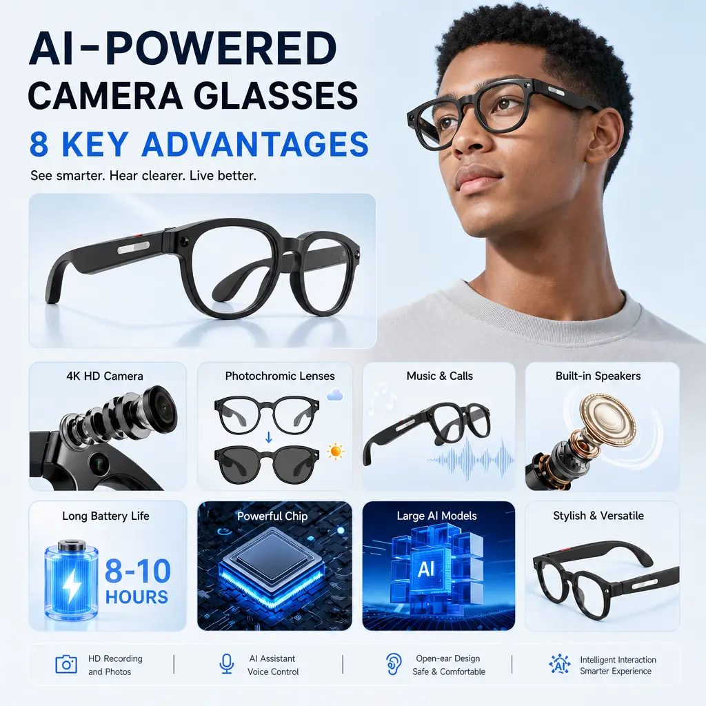 Gafas inteligentes con cámara e IA, lentes fotocromáticas con protección UV de 8 MP, traducción en tiempo real a más de 160 idiomas, audio Bluetooth, captura de fotos y vídeos con manos libres, control táctil; ideales para viajes, actividades al aire libr