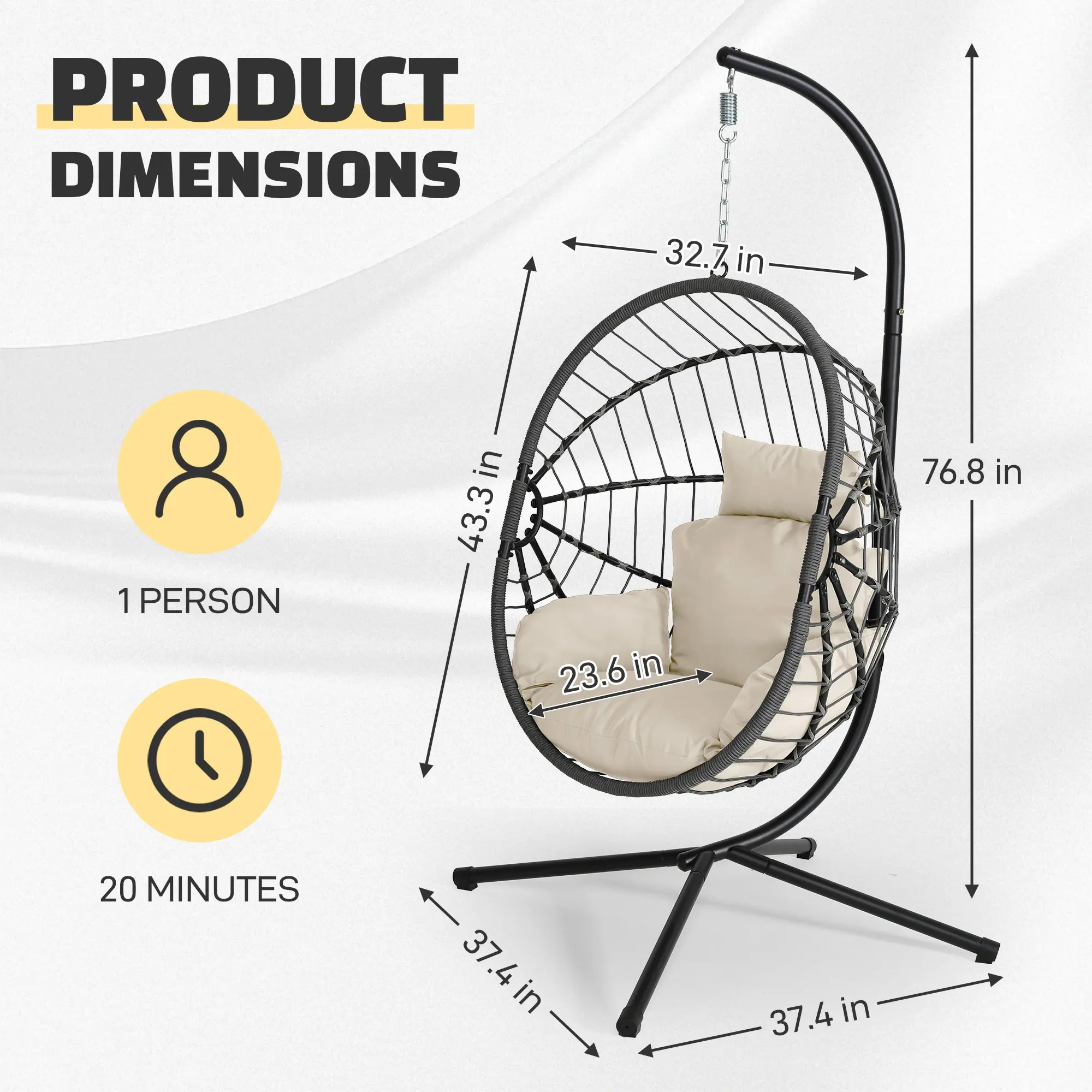 Sillón colgante doble tipo huevo con soporte - Capacidad de 700 libras